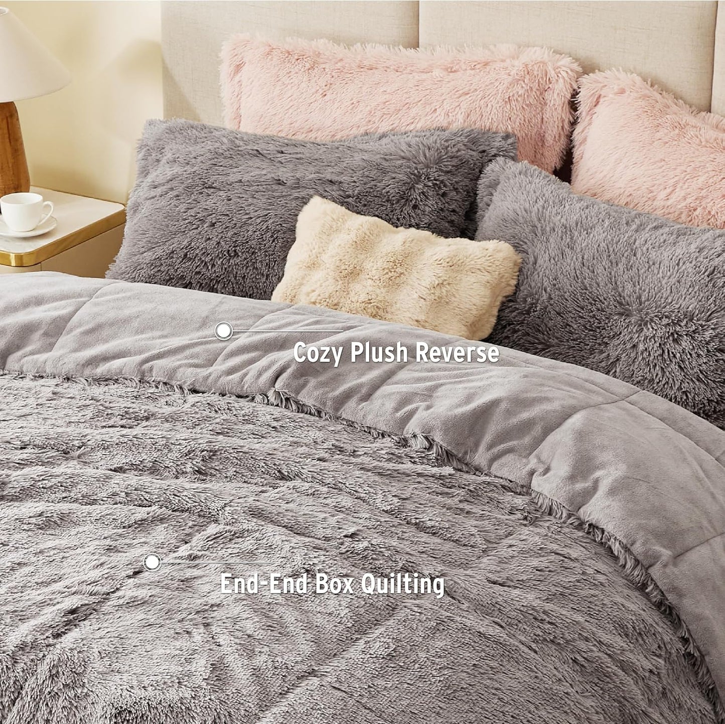 Malea Shaggy Comforter Set - Long Faux Fur Down Alternative, Ultra Soft All-Season Bedding with Matching Sham, King/Cal King, Grey, 3 Piece