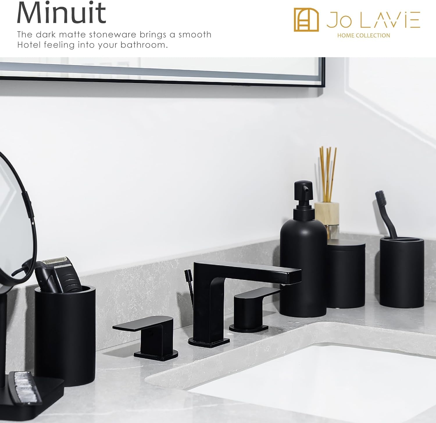 Matte Black Bathroom Accessory Set - 4-Piece Organizer Including Soap Dispenser, Q-tip Holder, Tumbler, and Toothbrush Holder