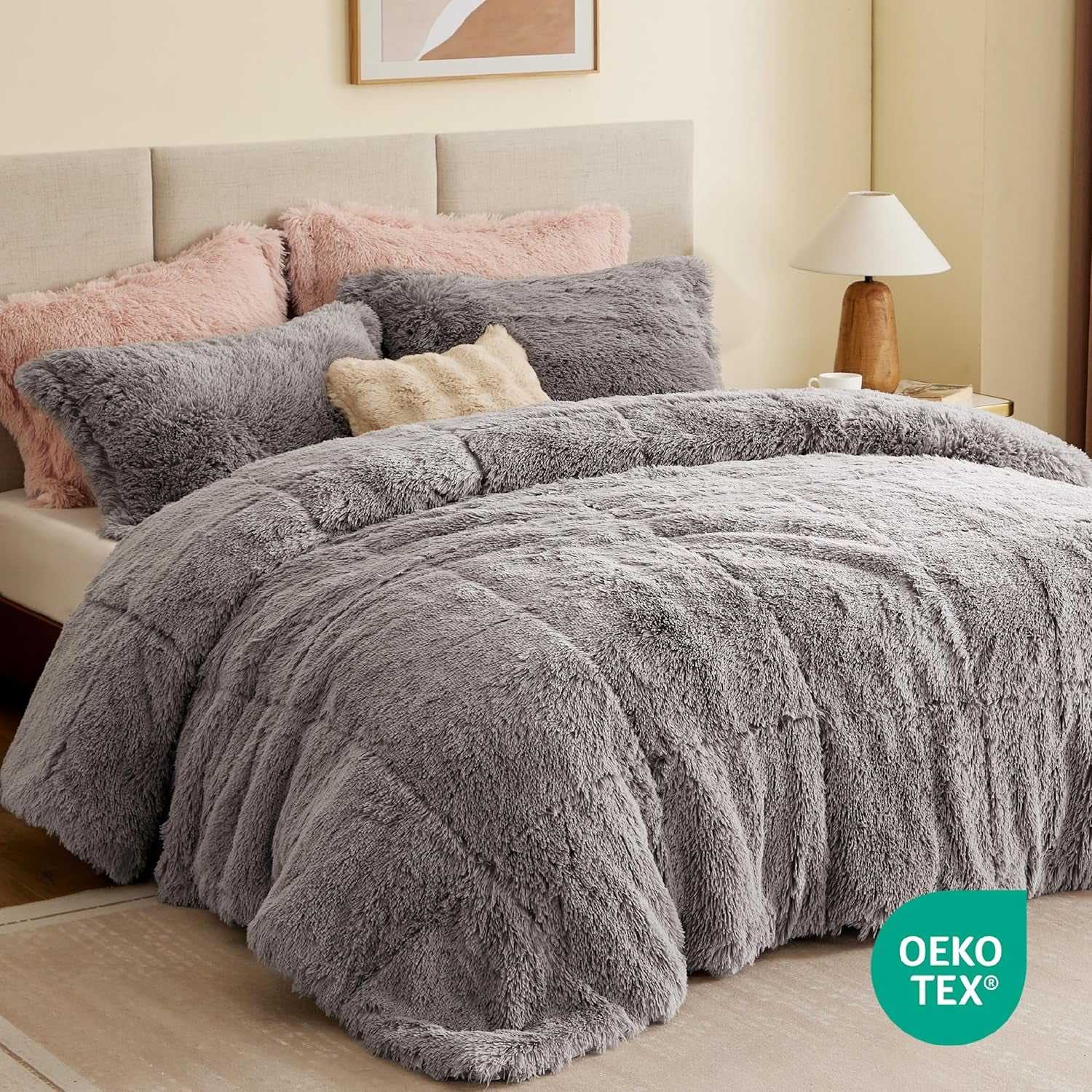 Malea Shaggy Comforter Set - Long Faux Fur Down Alternative, Ultra Soft All-Season Bedding with Matching Sham, King/Cal King, Grey, 3 Piece