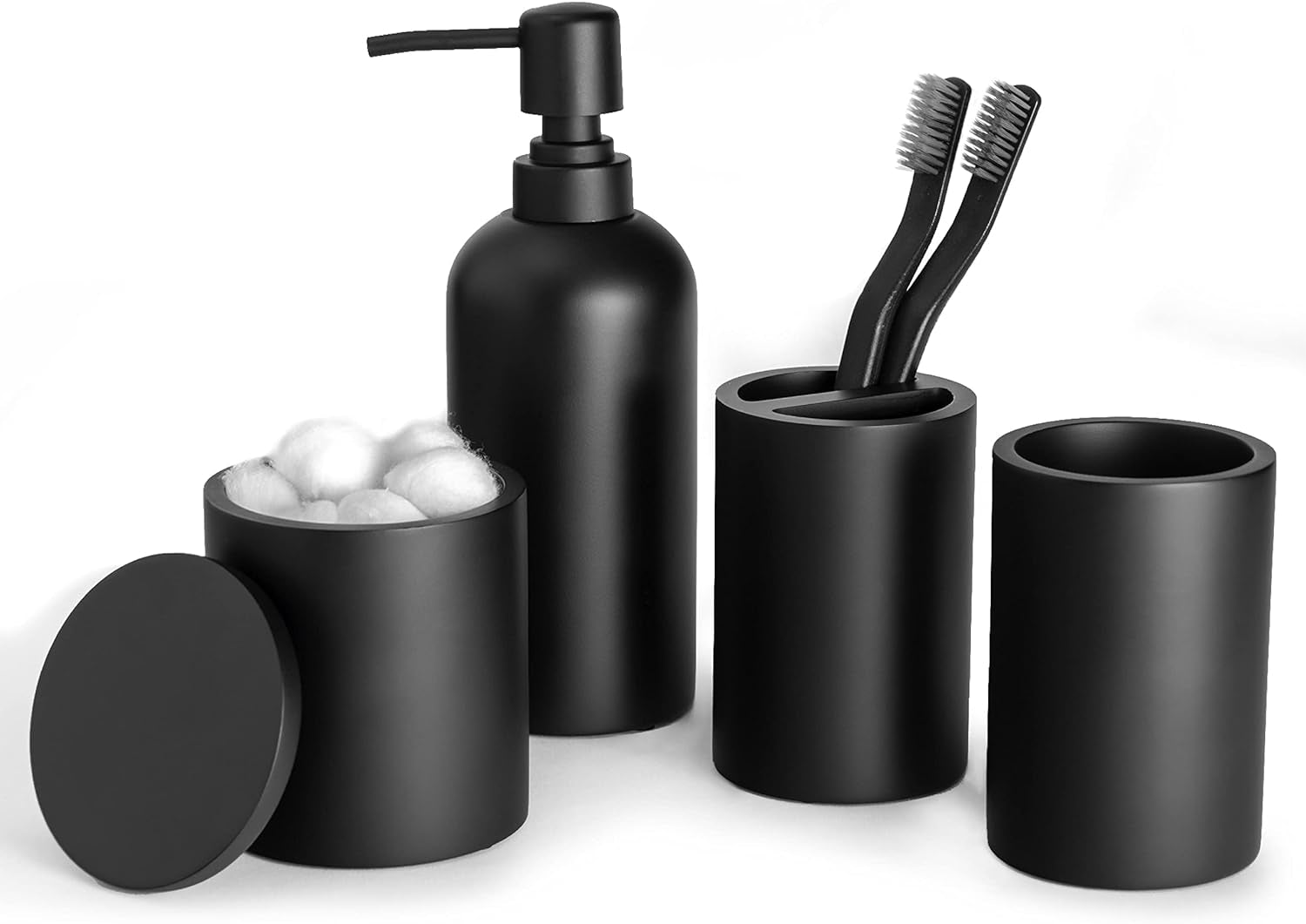 Matte Black Bathroom Accessory Set - 4-Piece Organizer Including Soap Dispenser, Q-tip Holder, Tumbler, and Toothbrush Holder