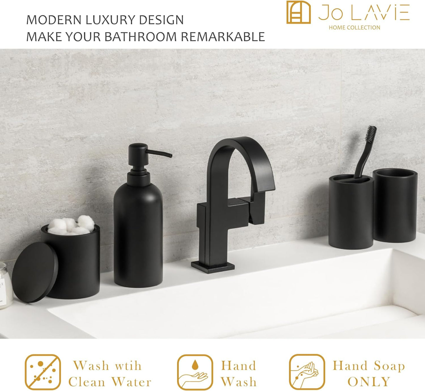 Matte Black Bathroom Accessory Set - 4-Piece Organizer Including Soap Dispenser, Q-tip Holder, Tumbler, and Toothbrush Holder