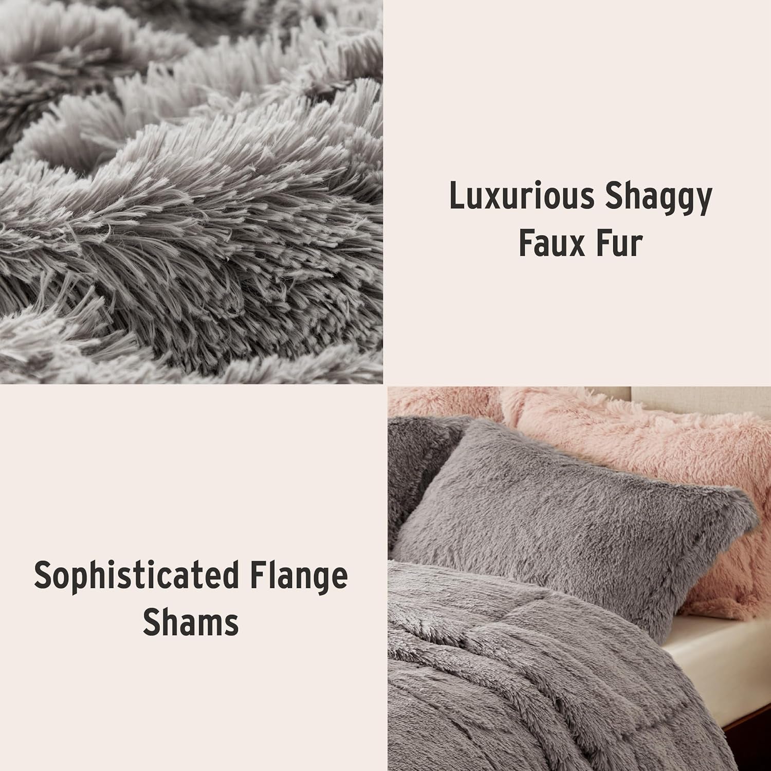 Malea Shaggy Comforter Set - Long Faux Fur Down Alternative, Ultra Soft All-Season Bedding with Matching Sham, King/Cal King, Grey, 3 Piece