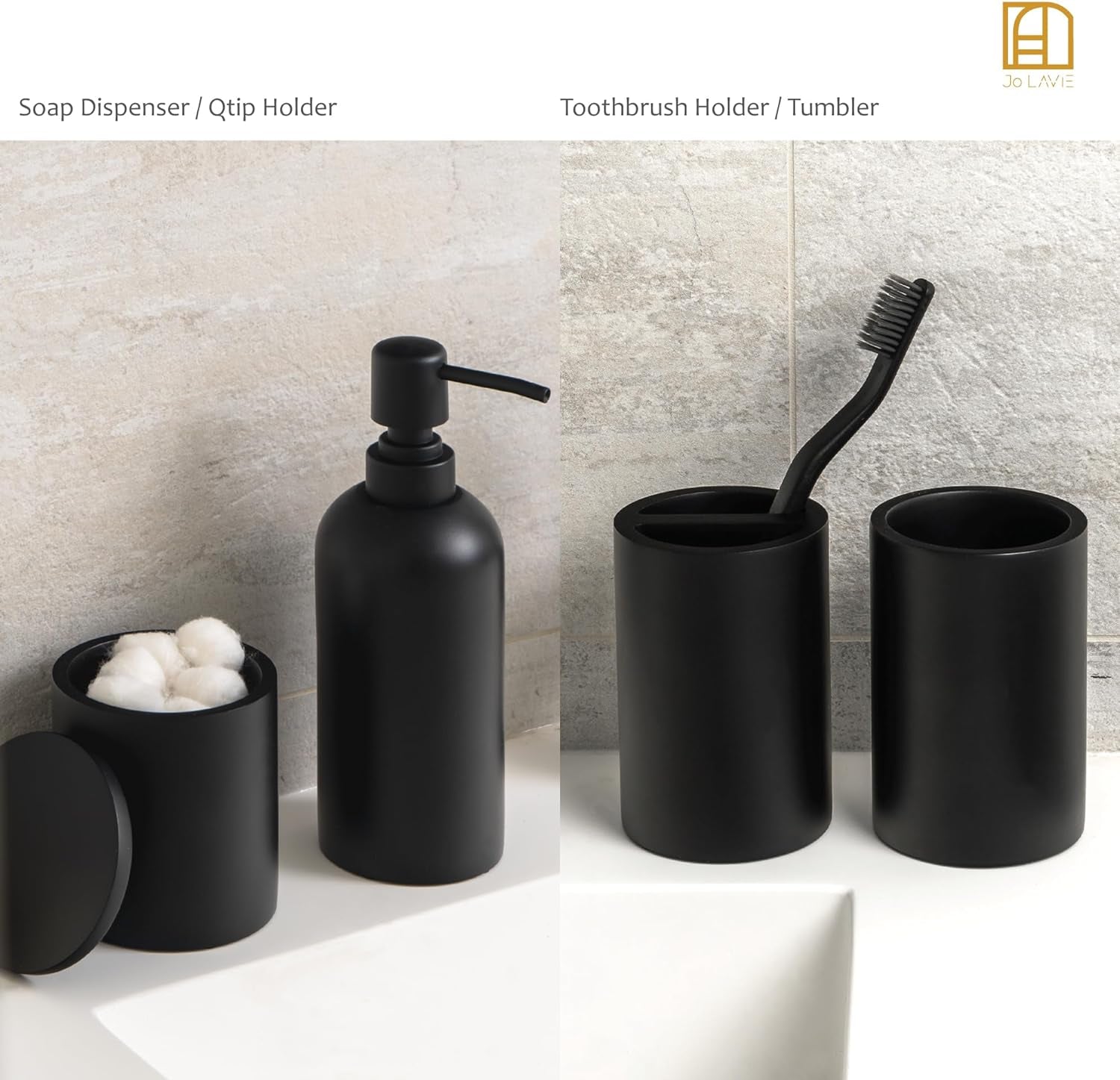 Matte Black Bathroom Accessory Set - 4-Piece Organizer Including Soap Dispenser, Q-tip Holder, Tumbler, and Toothbrush Holder