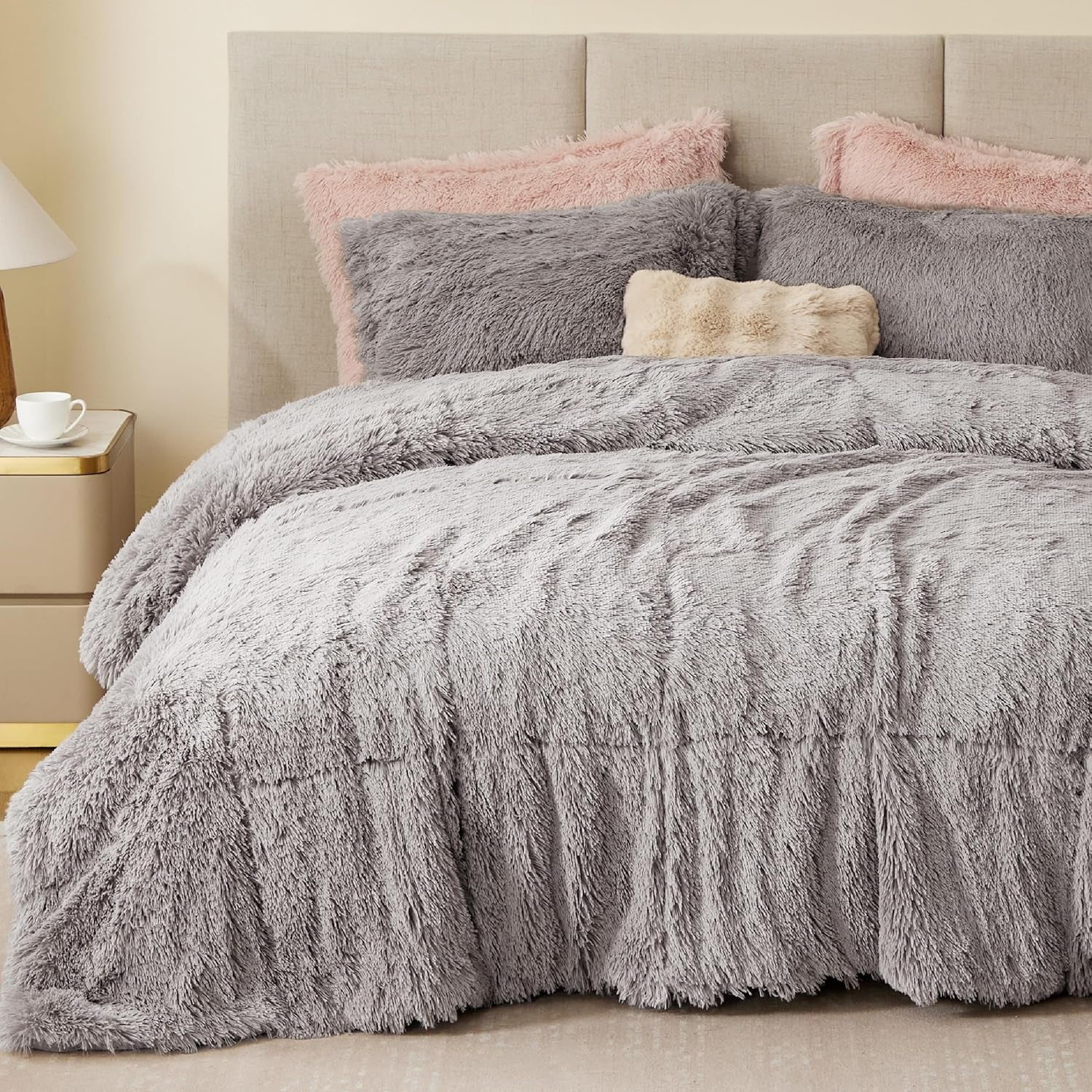 Malea Shaggy Comforter Set - Long Faux Fur Down Alternative, Ultra Soft All-Season Bedding with Matching Sham, King/Cal King, Grey, 3 Piece