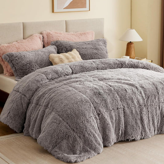 Malea Shaggy Comforter Set - Long Faux Fur Down Alternative, Ultra Soft All-Season Bedding with Matching Sham, King/Cal King, Grey, 3 Piece