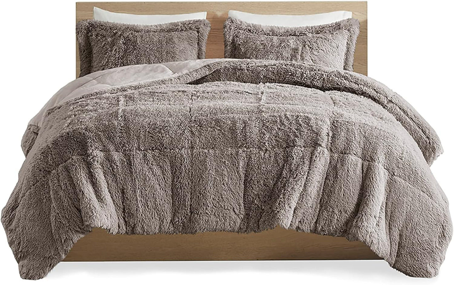 Malea Shaggy Comforter Set - Long Faux Fur Down Alternative, Ultra Soft All-Season Bedding with Matching Sham, King/Cal King, Grey, 3 Piece